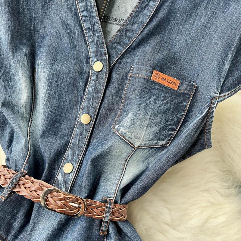 V-neck Denim Patchwork Chiffon Dress