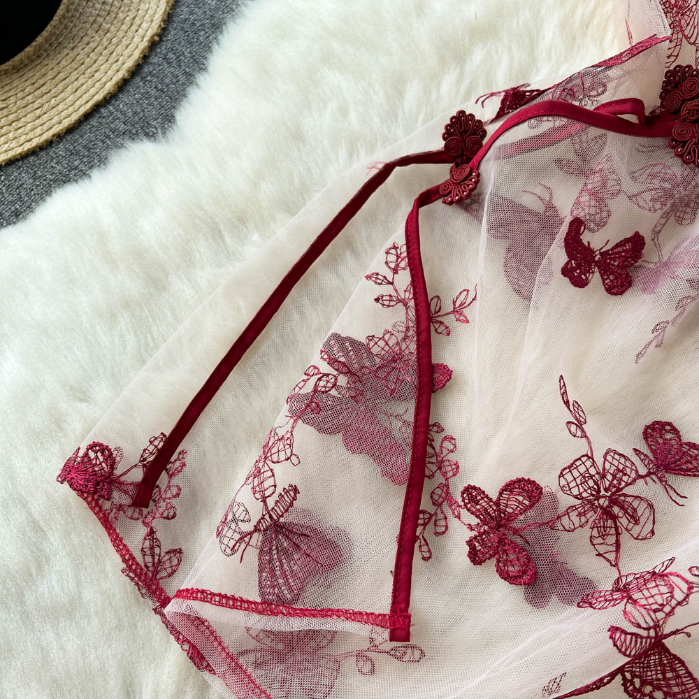 Sheer Mesh Butterfly Crochet Cheongsam Dress