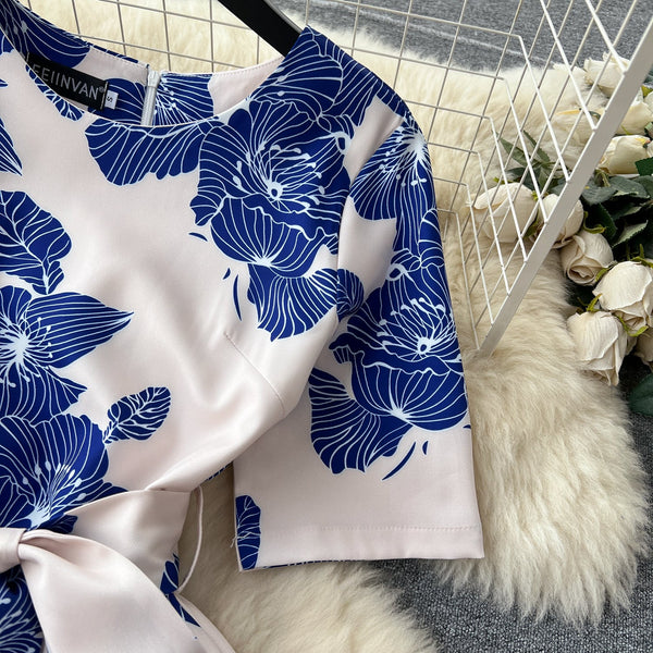 Bow-tie Round Collar Floral Dress