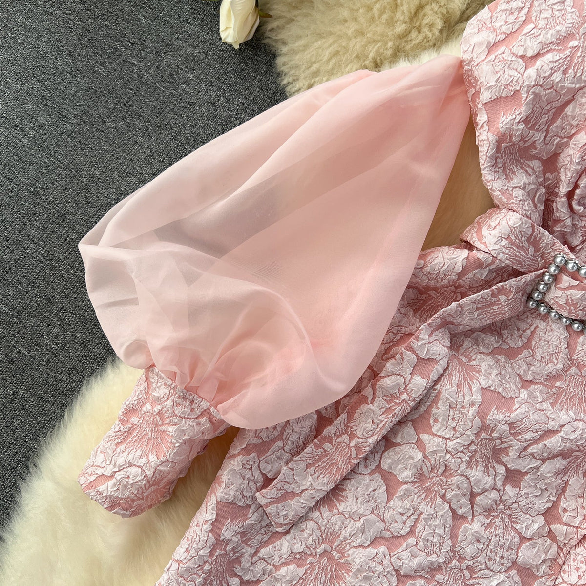 Off-shoulder Flared Sleeve Crochet Dress