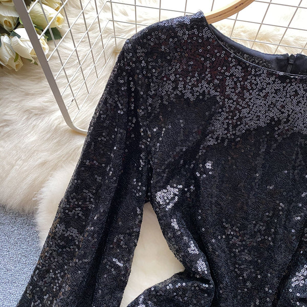 Fringed Cuff Sequined Black Dress