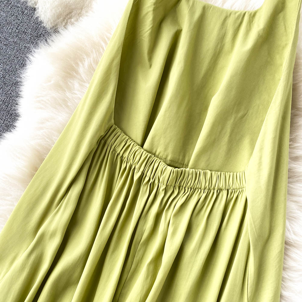 Green Round Collar Loose-fitting Halter Dress