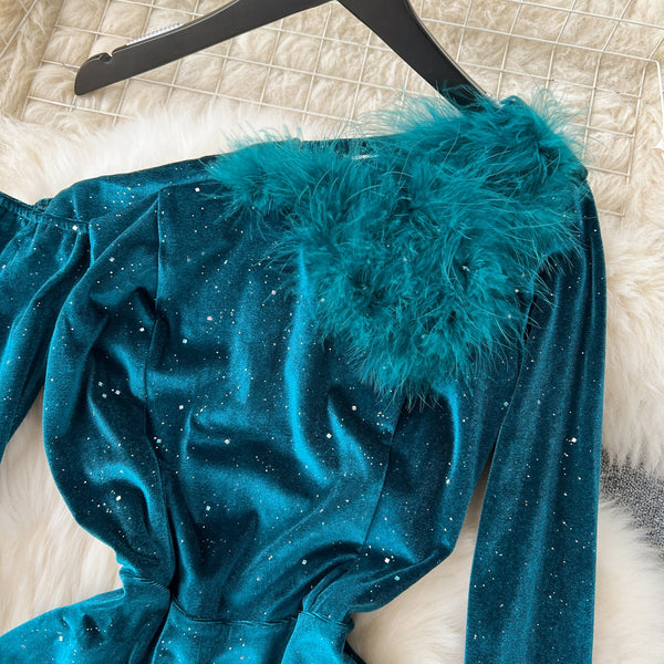 Slant Furry Neckline Suede Dress