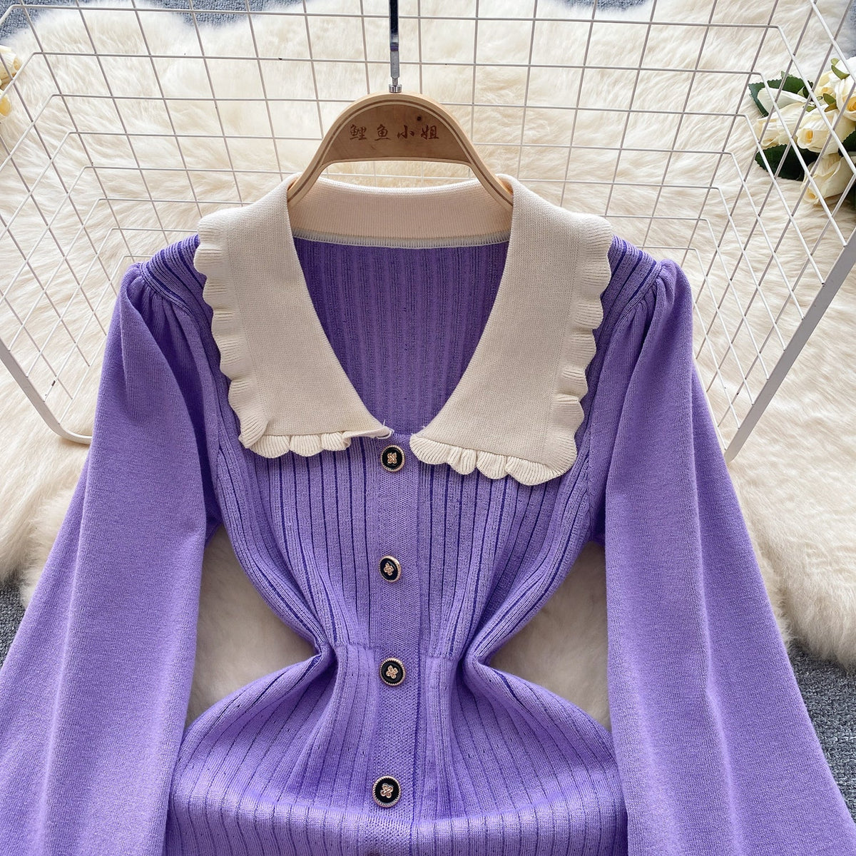 Doll Collar Single-breasted Knitted Dress