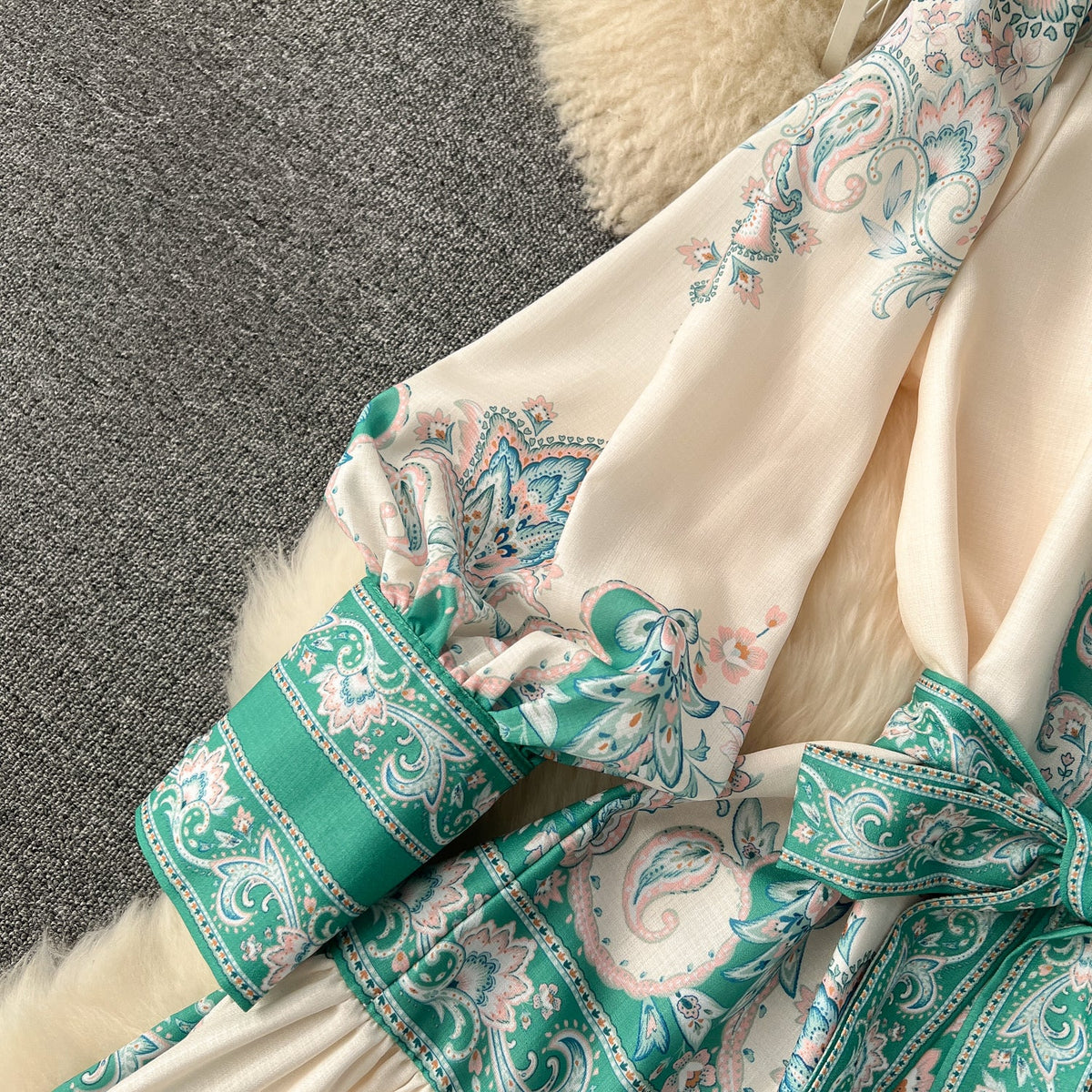 Courtly Puffy Sleeve Lace-up Floral Dress