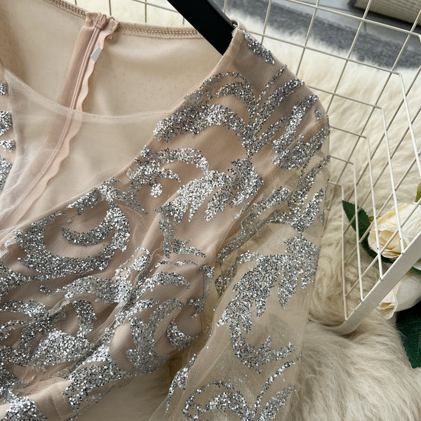 Sequined Mesh Patchwork Maxi Dress