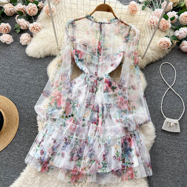 Sweet Floral Printed Lace Dress