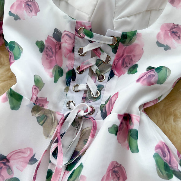 Square Collar Puff Sleeve Floral Dress