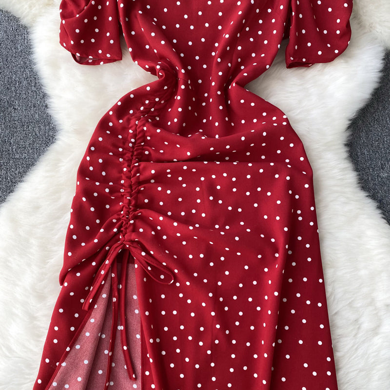Square Neck Polka Dot Pleated Dress