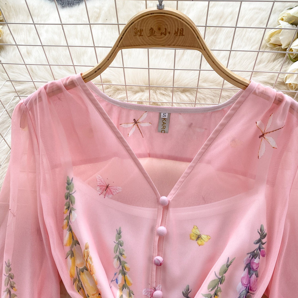 Puffy Sleeve V-neck Floral Chiffon Dress