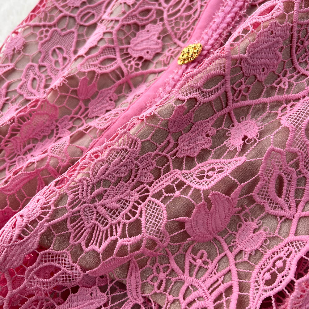 Pink Lace Embroidered Hollowed Dress