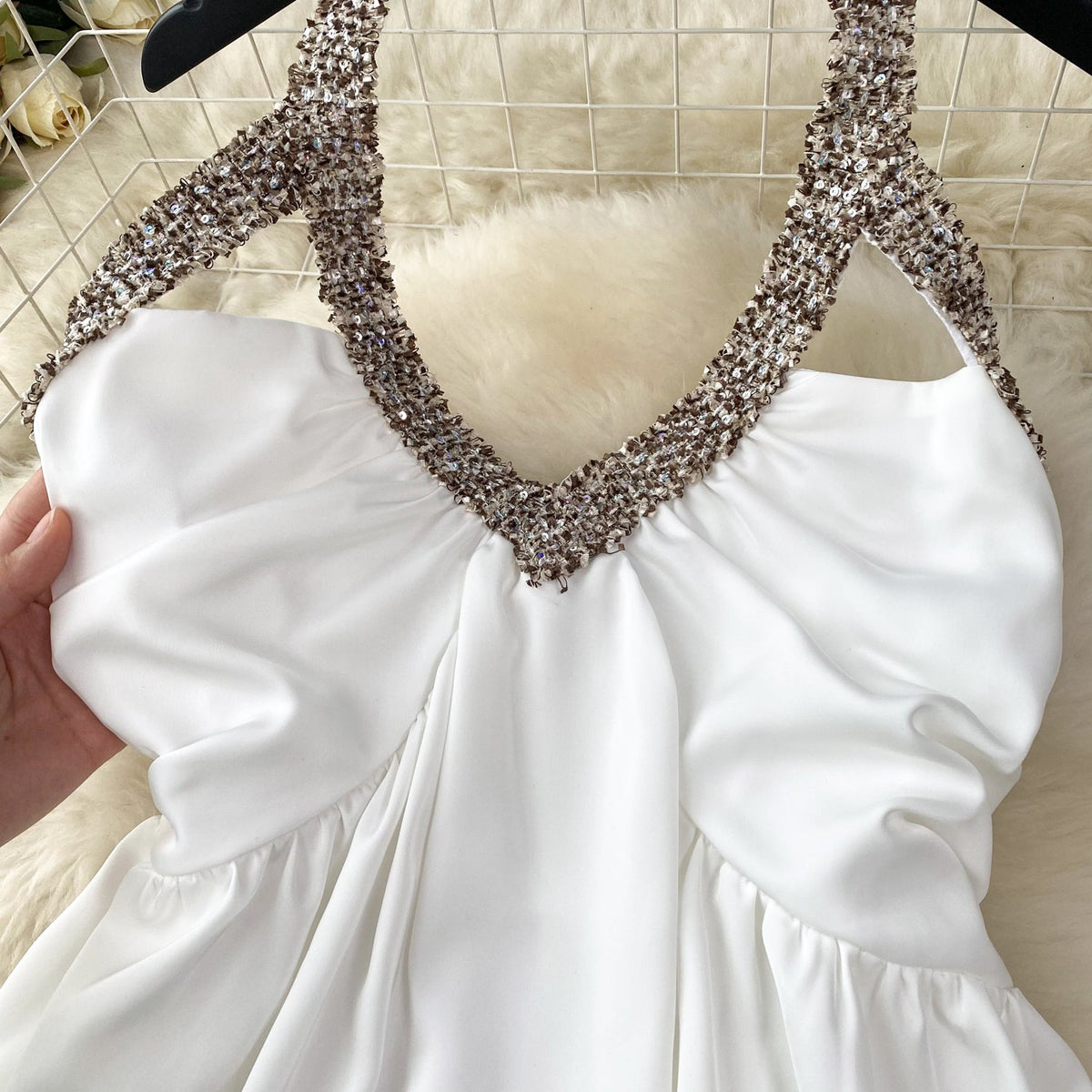 Sequin Backless Satin Halter Dress