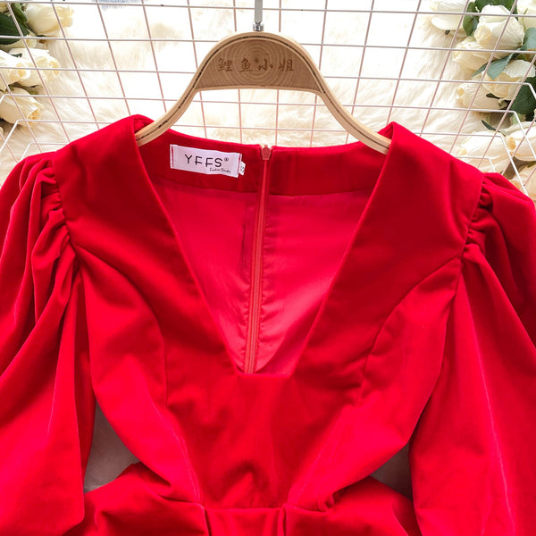 Vintage V-neck Puffy Suede Dress