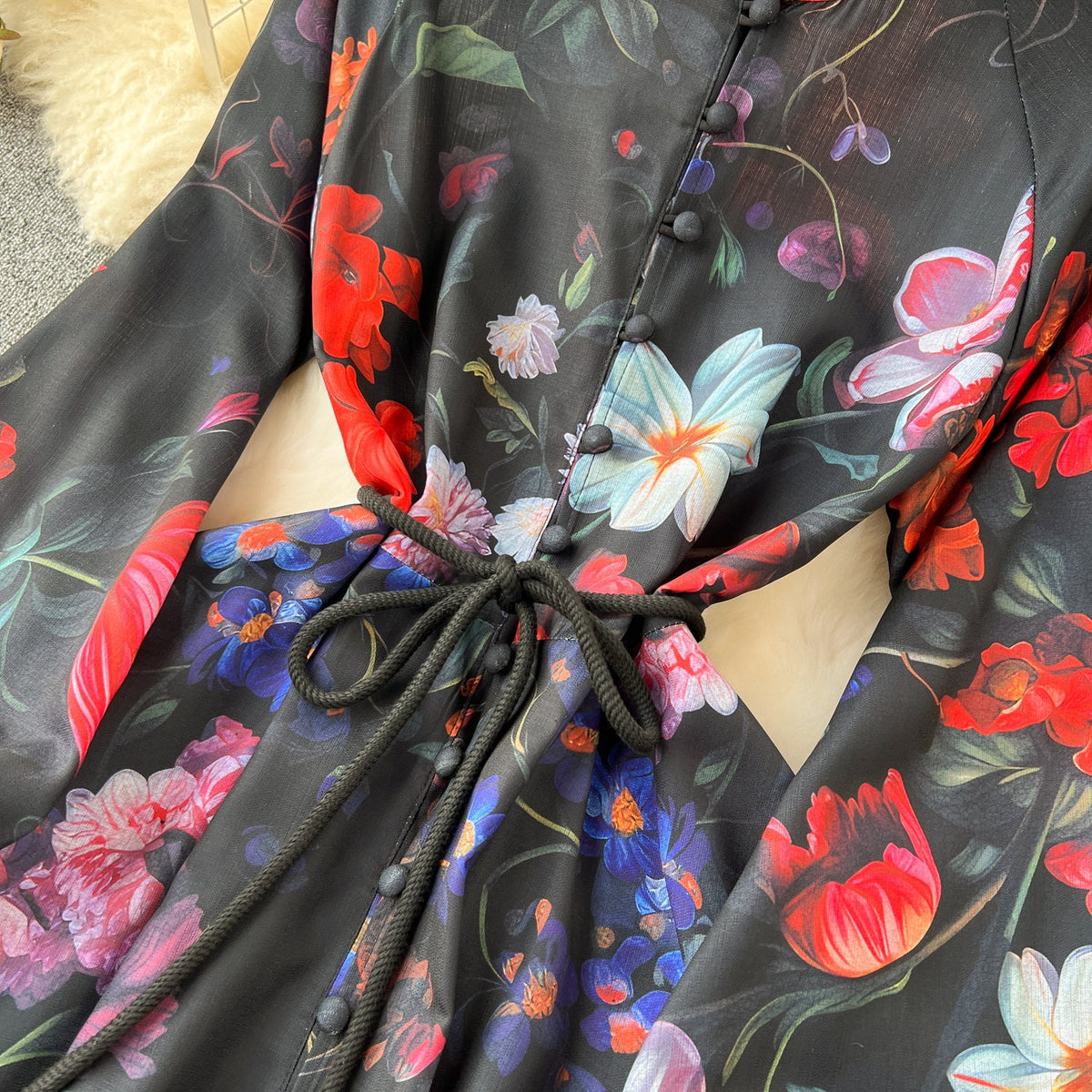 Floral Printed Single-breasted Shirt Dress