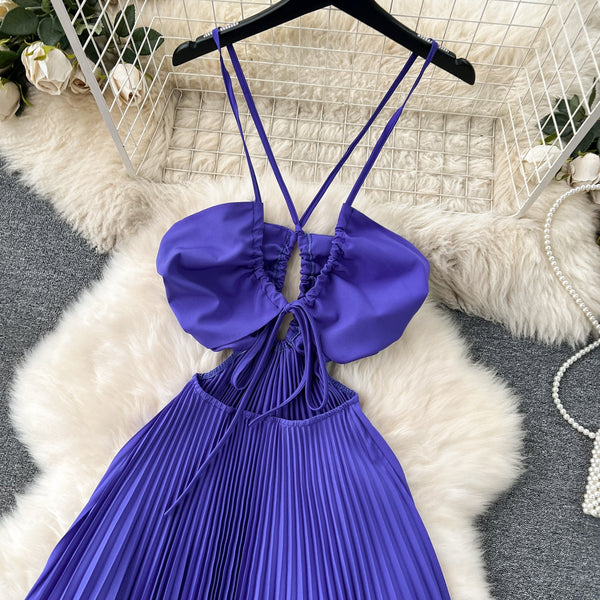 Niche Hollowed Pleated Halter Dress