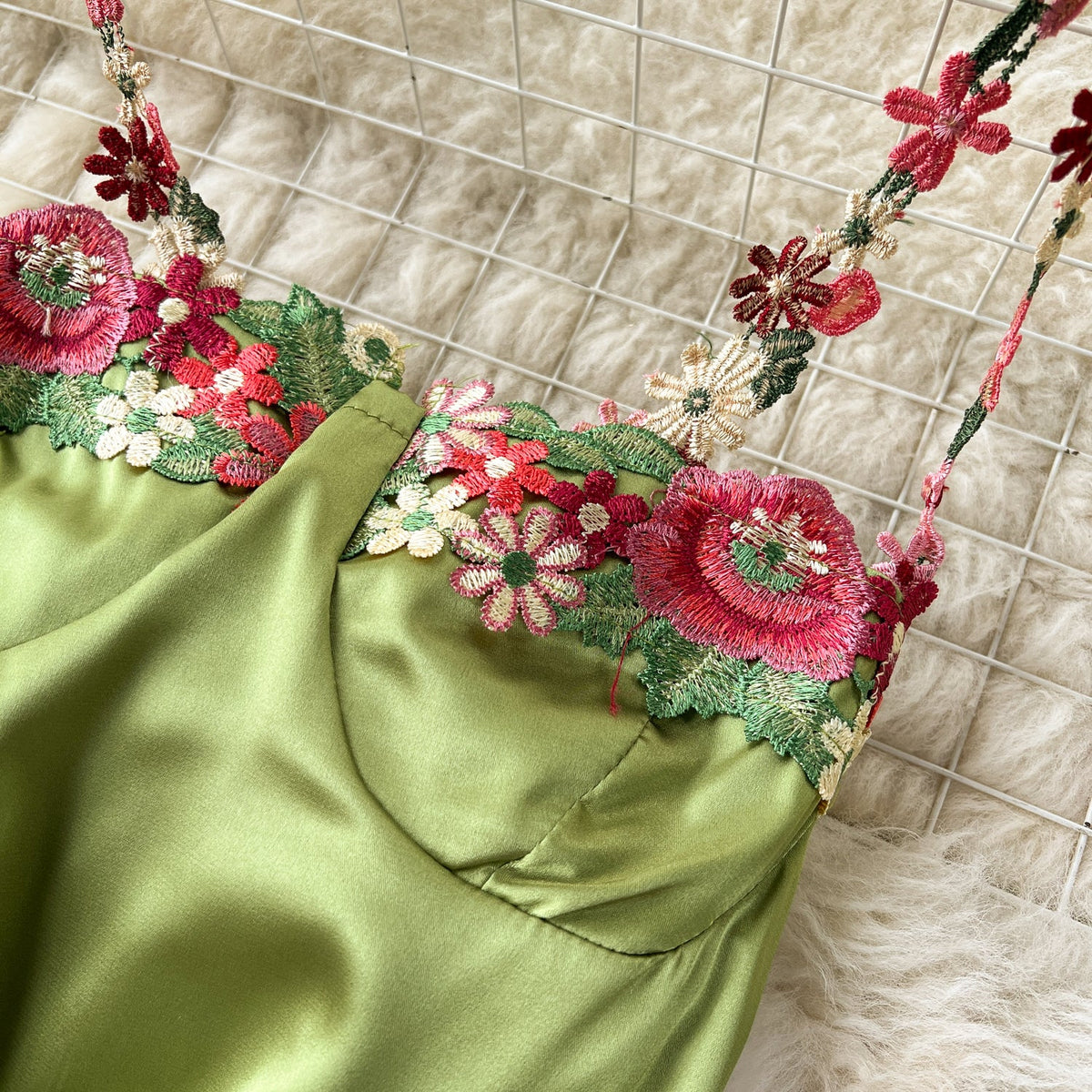 Embroidered Flower Satin Slip Dress