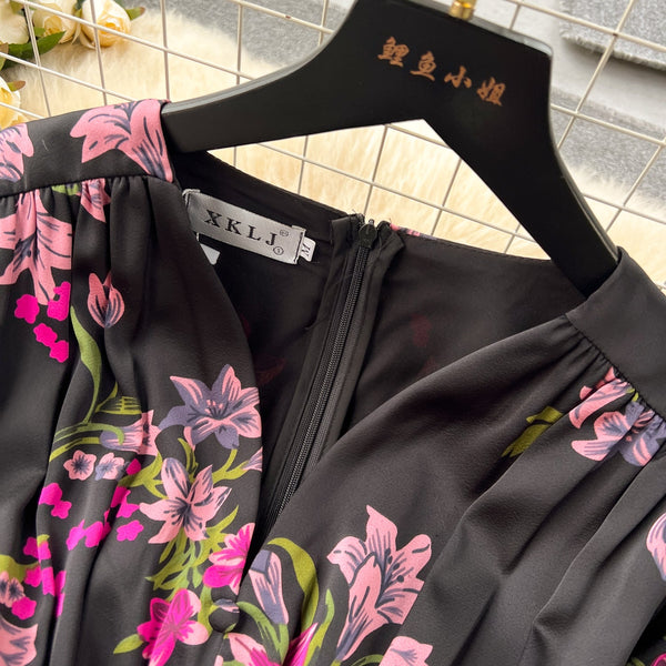 Elegant Floral Printed Black Dress