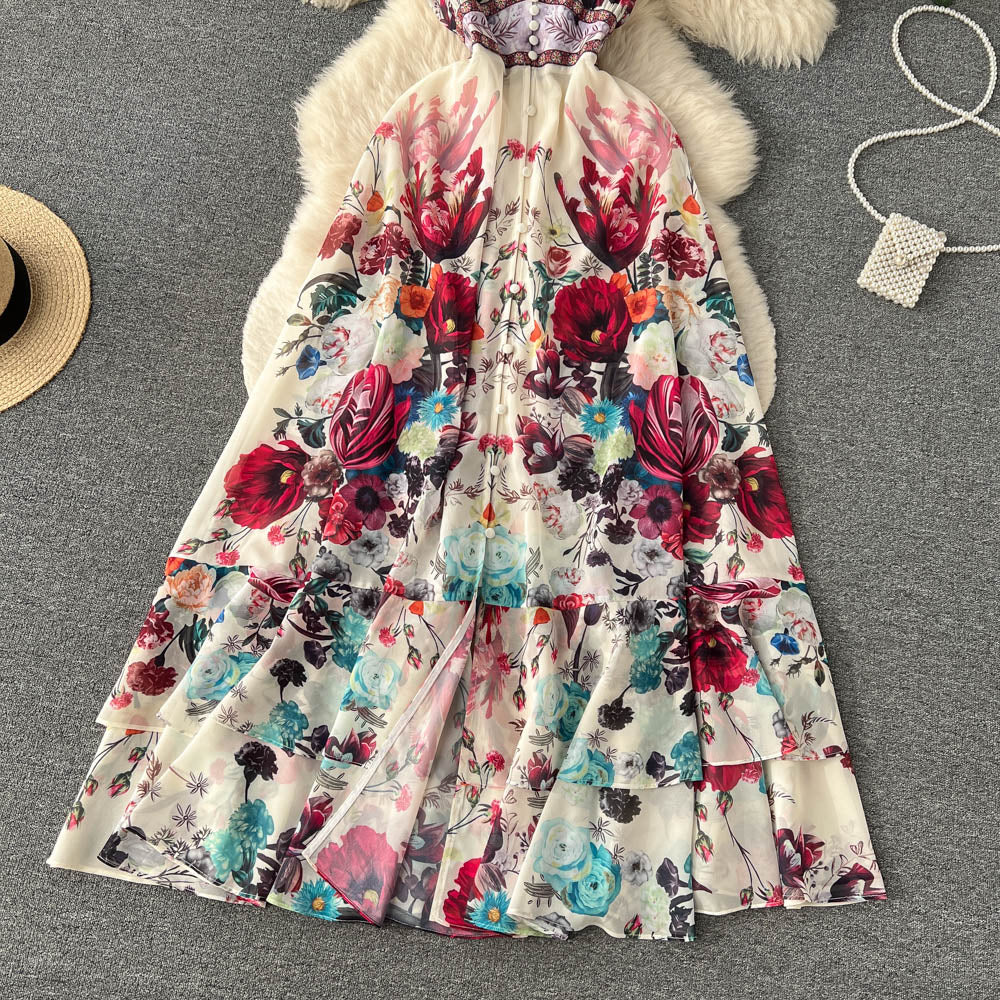 Ethnic Style V-neck Floral Layered Dress