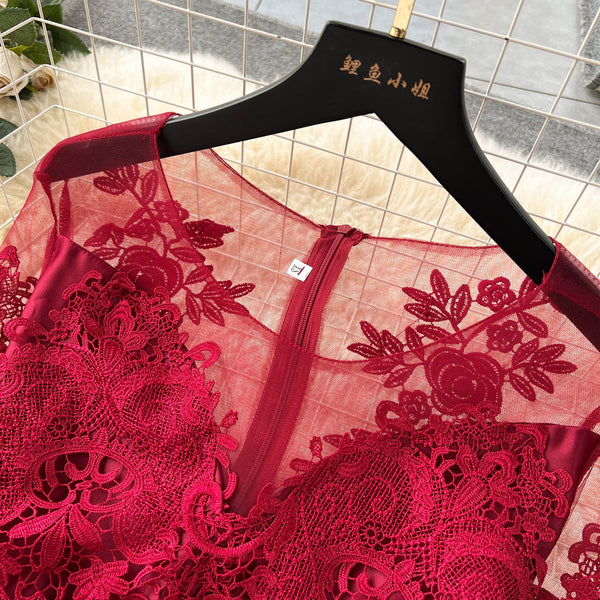 Wine Red Delicate Embroidered Dress