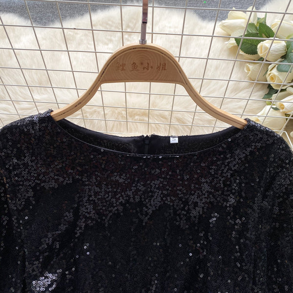 Fringed Cuff Sequined Black Dress