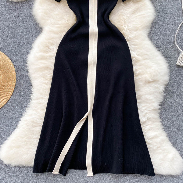 Color Blocking V-neck Knitted Dress
