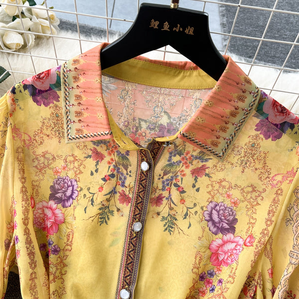 Vintage Lace-up Printed Shirt Dress
