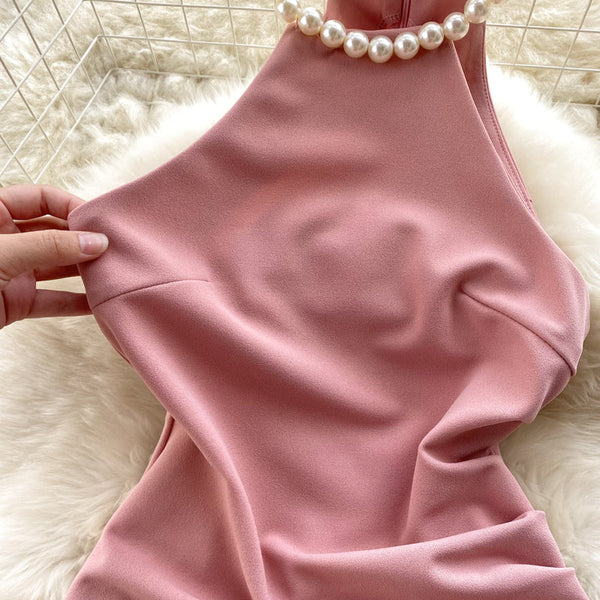 Sleeveless Pink Dress with Pearl Neckline