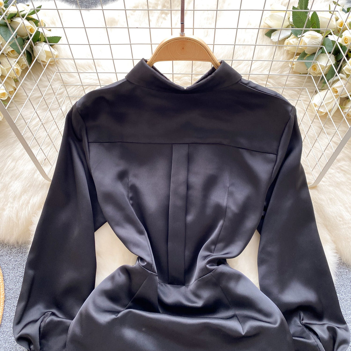 Casual Satin Pleated Shirt Dress