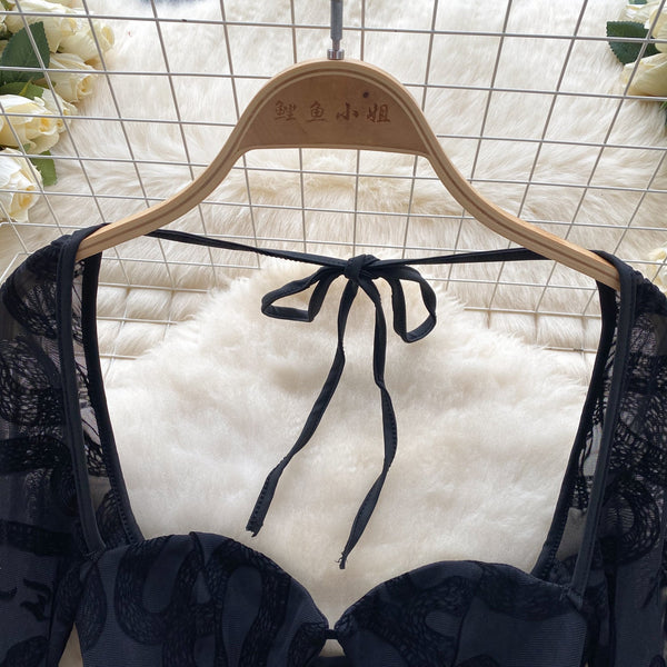 Hollowed Mesh Lace-up Black Dress