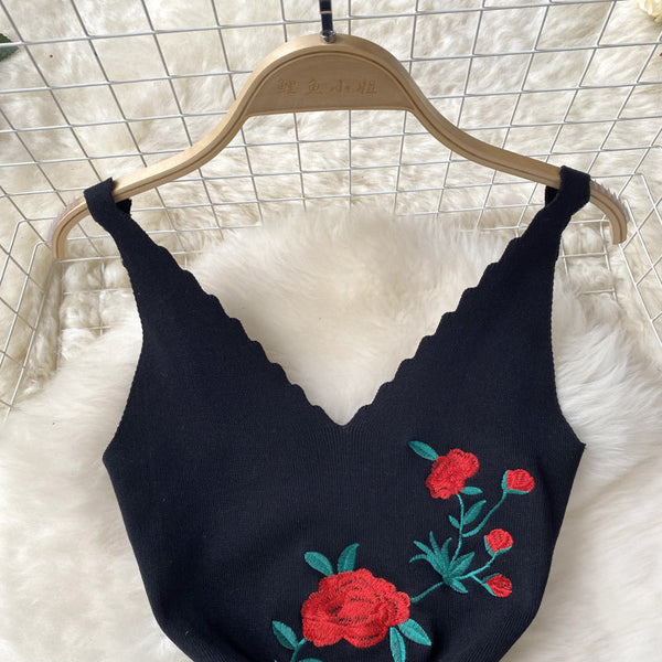 Rose Embroidered Knitted Slit Dress