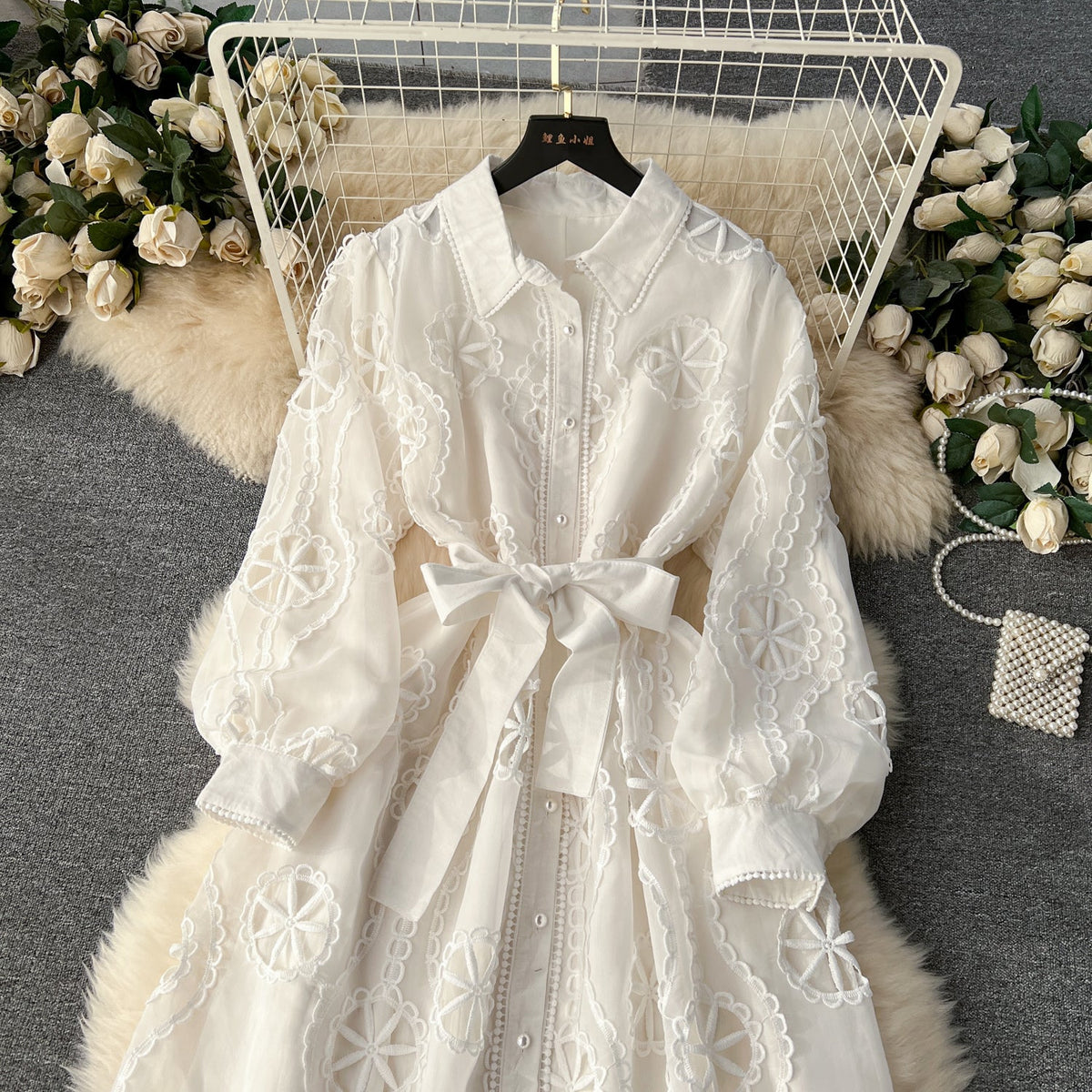 Courtly Hollowed Embroidery Shirt Dress