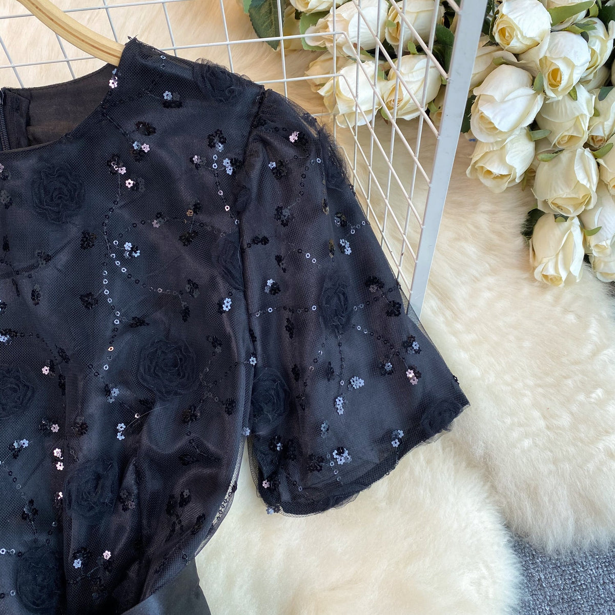 Delicate Sequined Lace-up Black Dress