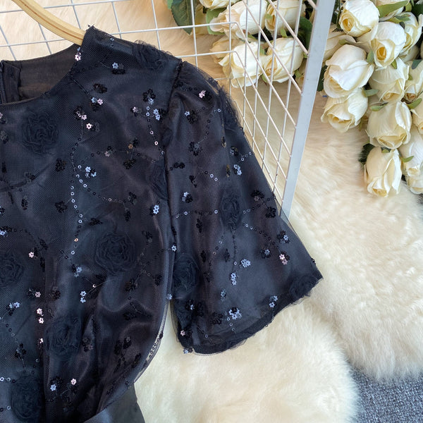 Delicate Sequined Lace-up Black Dress