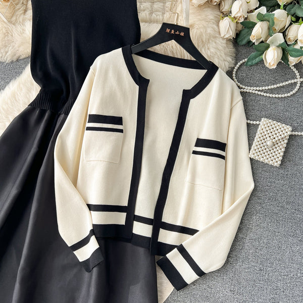 Cardigan&Slip Dress Color Blocking 2Pcs