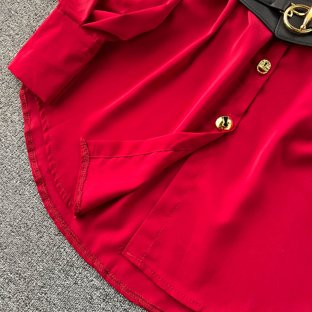 Solid Color Lace-up Shirt Dress with Waistbelt