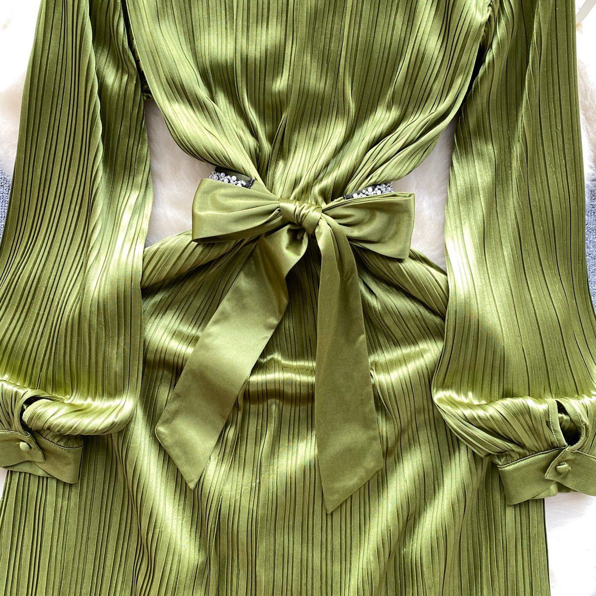 Stand Collar Beaded Stain Dress