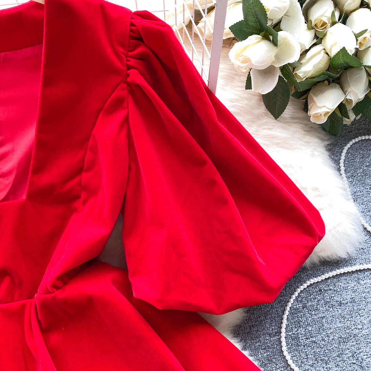 Vintage V-neck Puffy Suede Dress