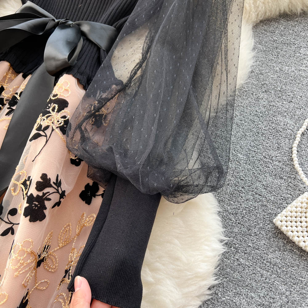 Floral Mesh Patchwork Black Dress