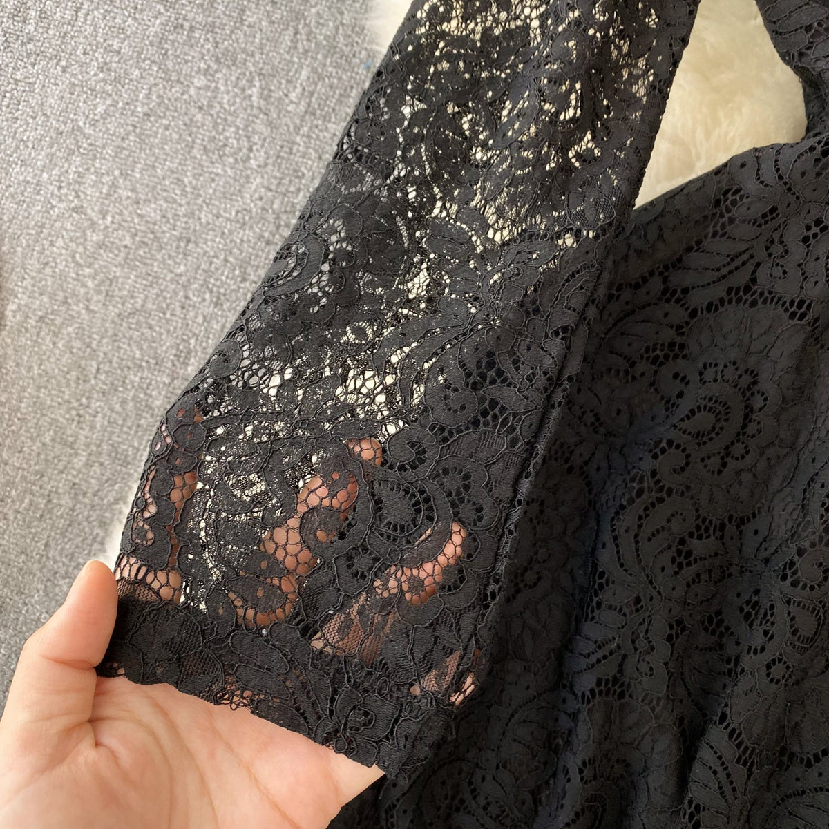 Stand Collar Black Lace Shirt Dress
