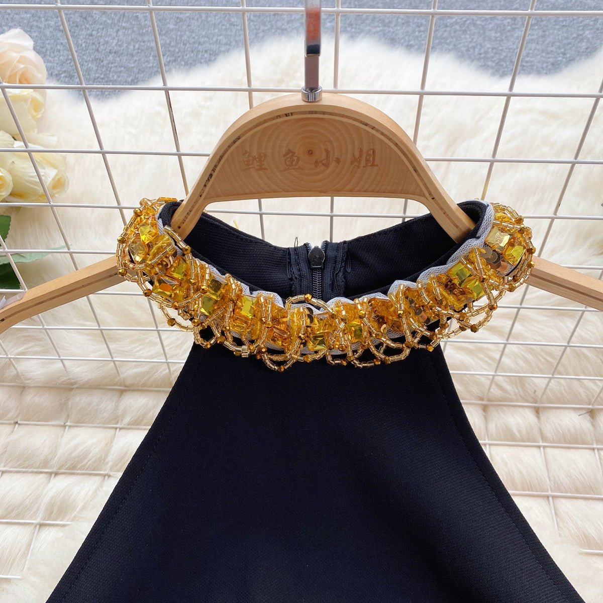 High-end Beaded Halter Black Dress