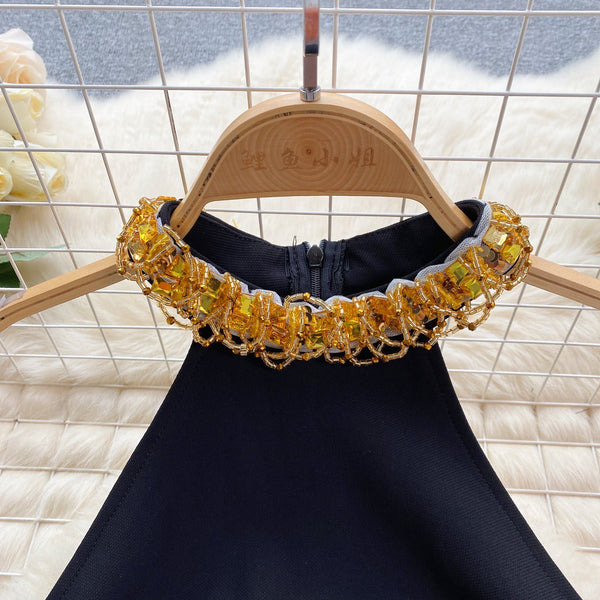 High-end Beaded Halter Black Dress