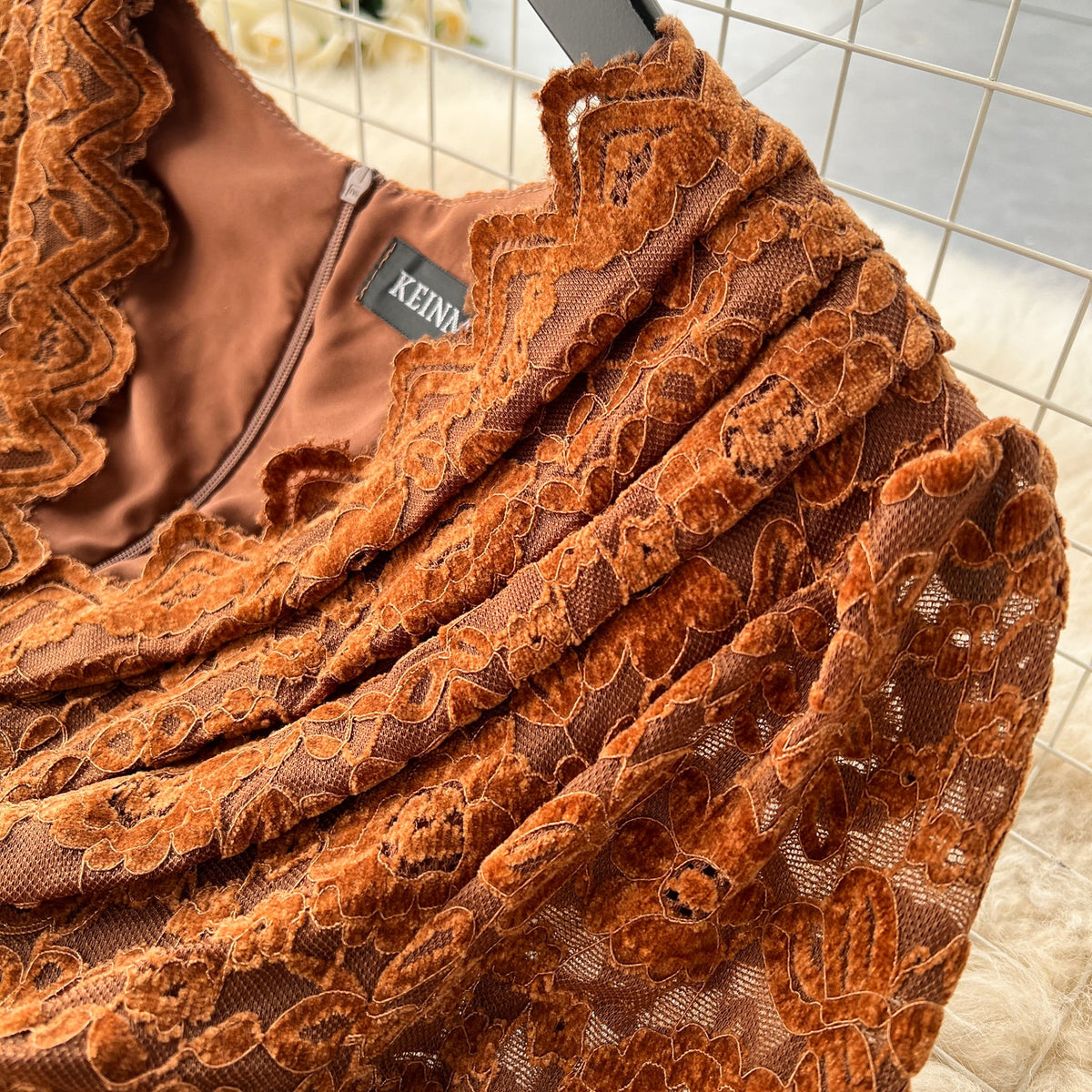 V-neck Lace Patchwork Pleated Dress
