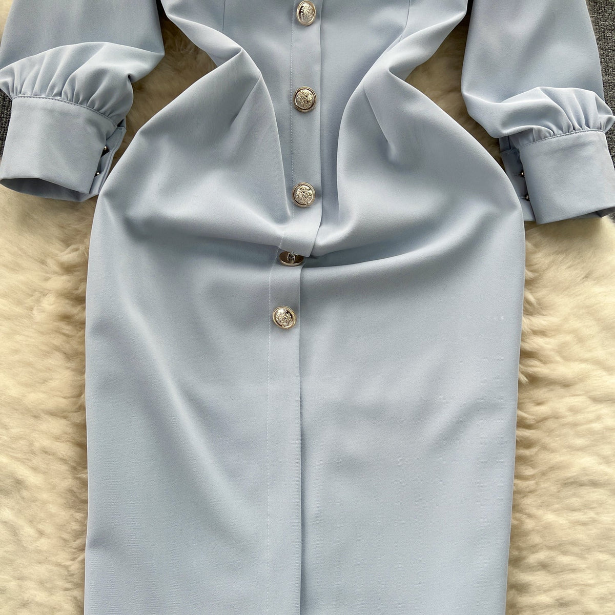 Off-shoulder Single-breasted Blue Dress