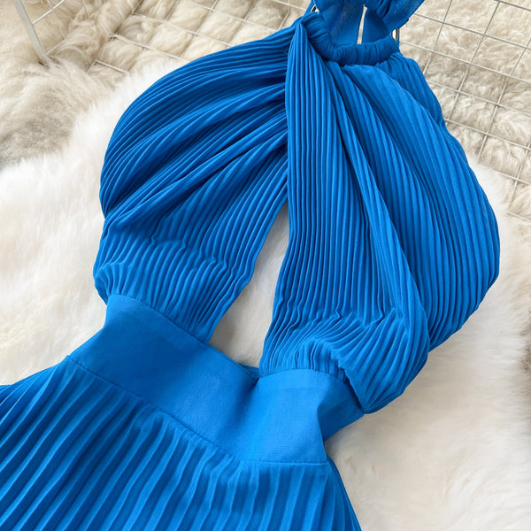 Asymmetric Pleated Blue Halter Dress