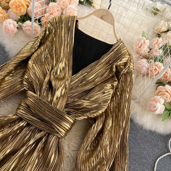 Courtly Lace-up Waist-slimming Gold Dress