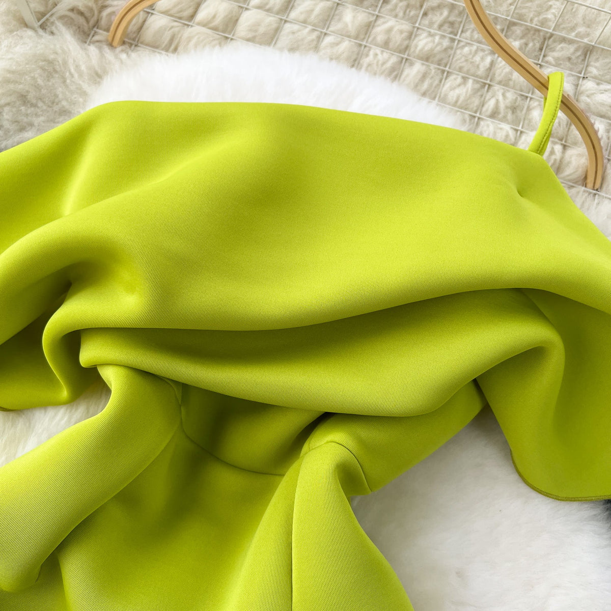 Slant Neckline Ruffled Green Dress