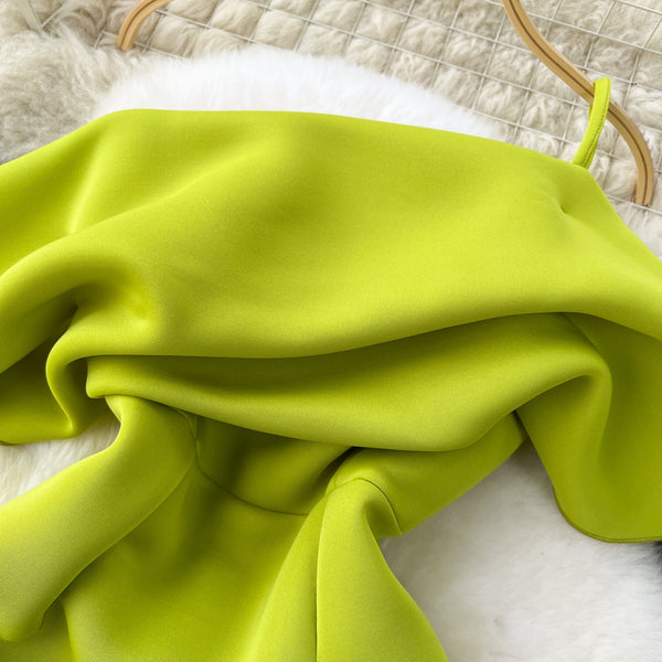 Slant Neckline Ruffled Green Dress