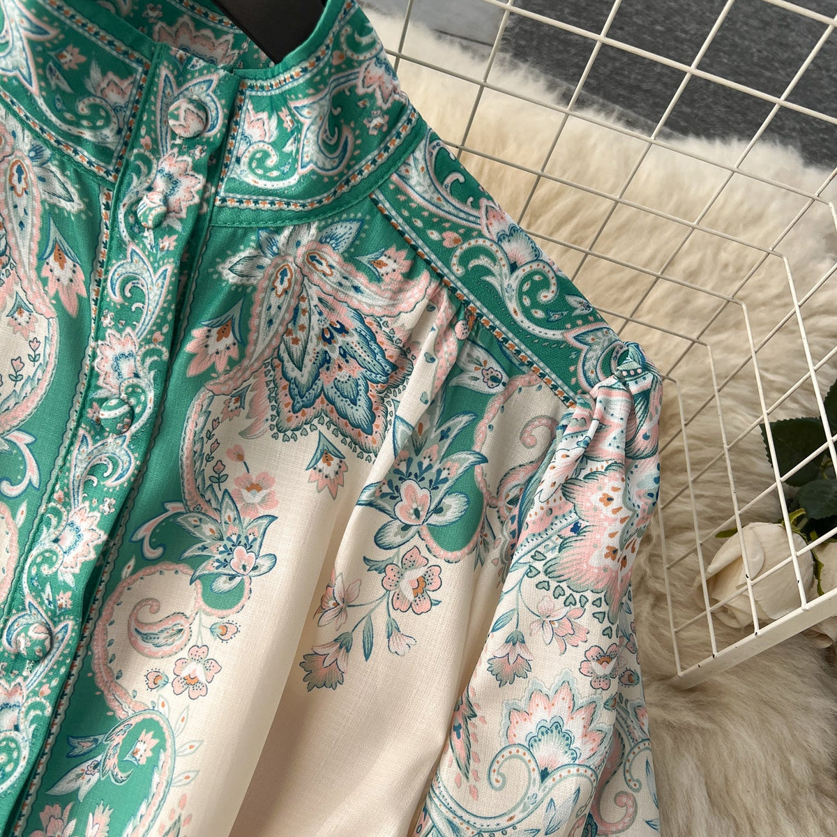Courtly Puffy Sleeve Lace-up Floral Dress