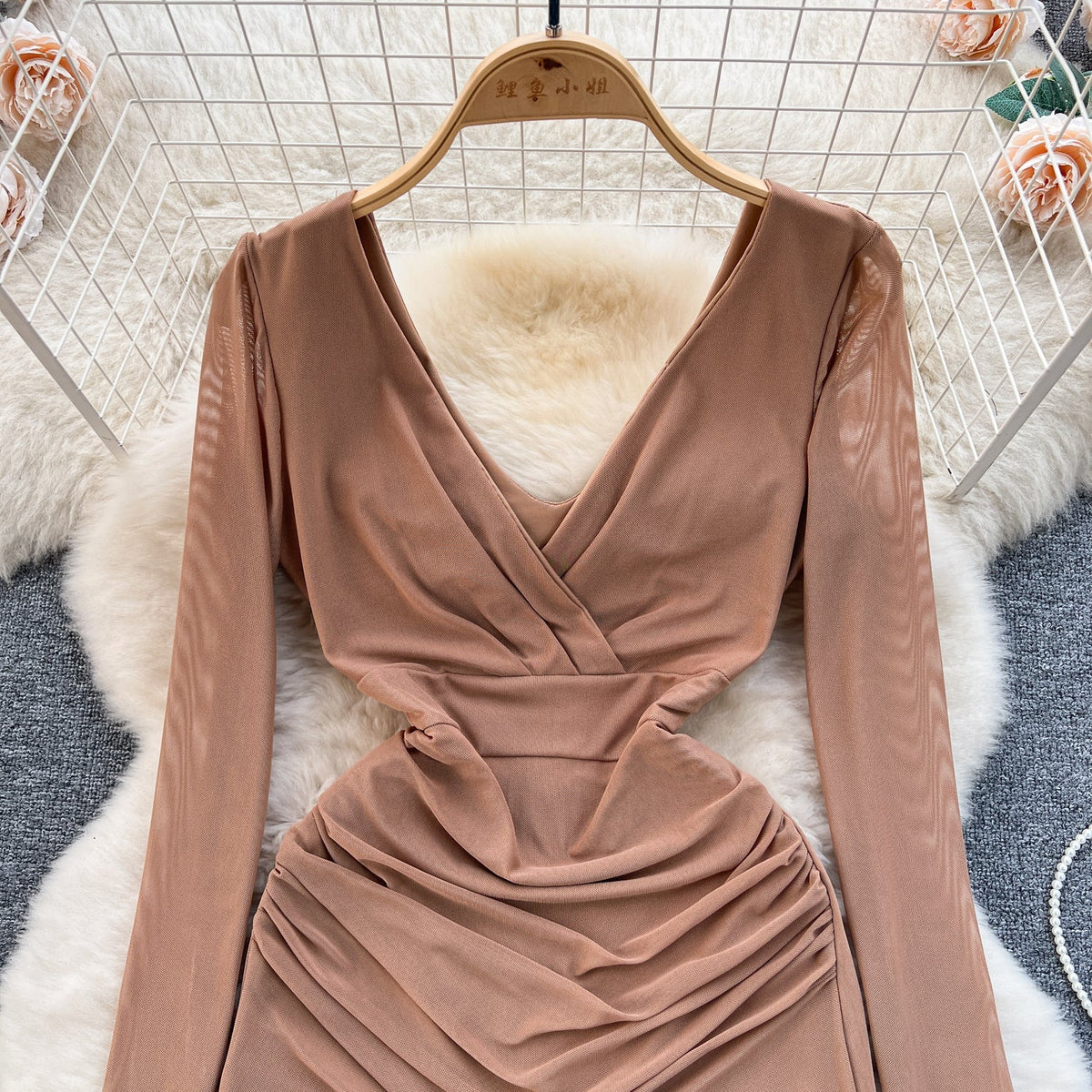 V-neck Pleated Mesh Short Dress