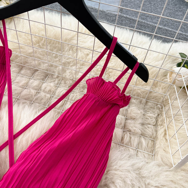 Rose Red Pleated V-neck Halter Dress